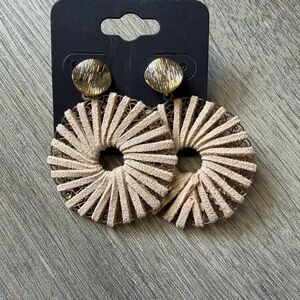 Beige Suede Hoop Drop Earrings with Gold Stud